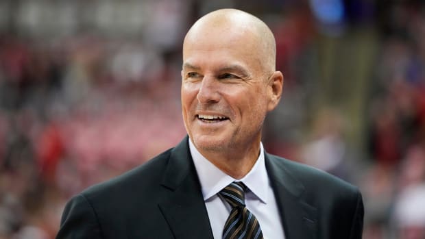 ESPN college basketball analyst Jay Bilas prepares to call the ACC Big Ten Challenge game between Ohio State and the Duke Blue Devils at Value City Arena in Columbus on Wednesday,
